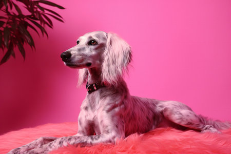 Studio portrait of a beautiful Afghan hound on a pink background.の素材