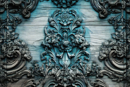 Wooden texture with floral ornament. Closeup of an old wooden door.の素材