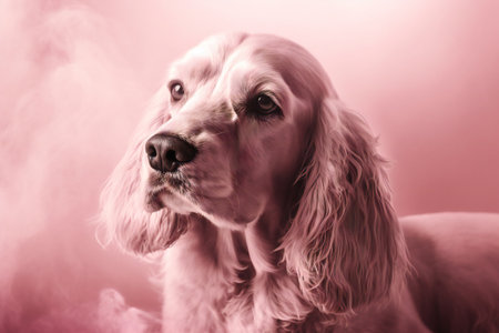 English Cocker Spaniel dog portrait on a pink background with smokeの素材