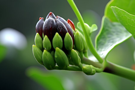 Close up of a black and red flower with green leaf background.の素材