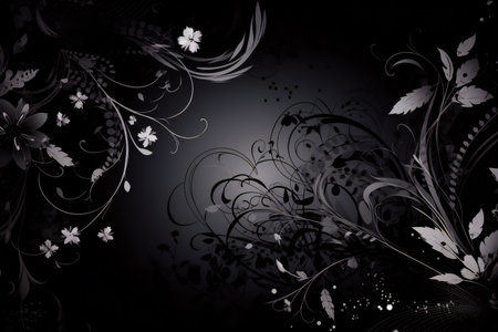 abstract black and white background with floral ornaments and leavesの素材