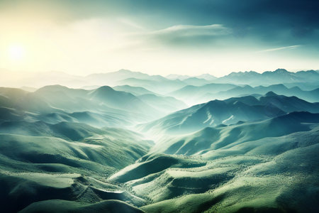 Mountain landscape at sunrise. Artistic style toned picture.の素材