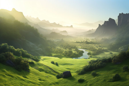 Foggy summer landscape with river and mountains.の素材