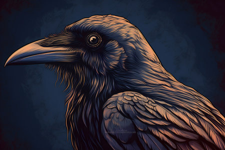 drawing of a raven on a dark blue background.の素材