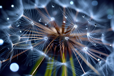 Dandelion seeds flying in the wind. Close-up.の素材