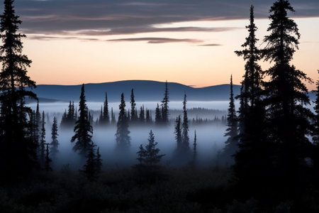 Silhouettes of trees in the fog at sunrise in the mountainsの素材