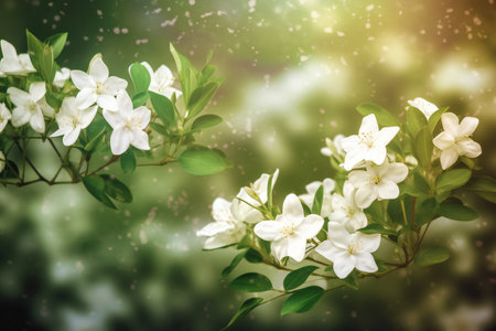 White jasmine flowers on a background of green leaves. Spring backgroundの素材