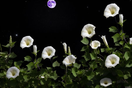 Moon and white flowers on a black background in the night sky.の素材