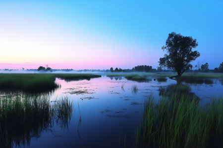 Sunrise on the lake in the misty morning, nature seriesの素材