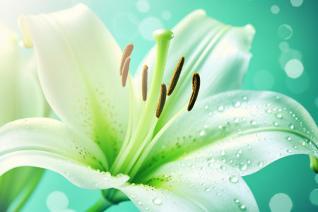 Close up of beautiful lily flower with water drops on green backgroundの素材
