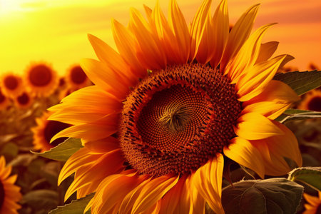 Sunflower field at sunset. Close-up of sunflower.の素材