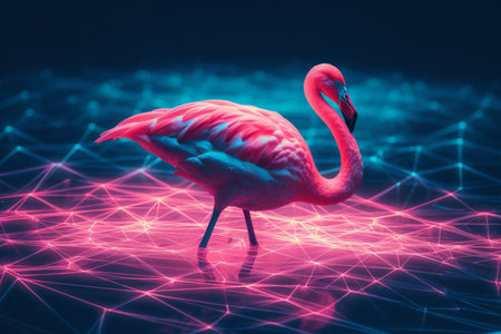 Flamingo on the background of a luminous network.の素材