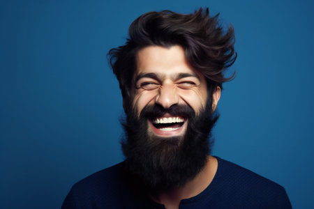 Portrait of a young man with a beard on a blue backgroundの素材