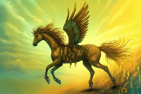 Horse with wings on the background of the city and the skyの素材