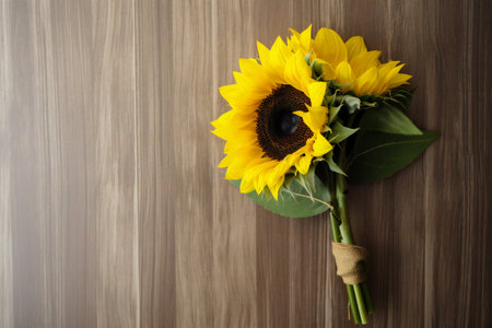 Bouquet of sunflowers on wooden background, top viewの素材