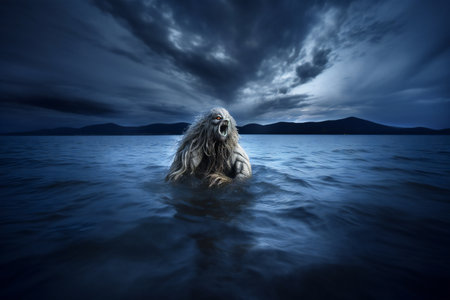 Fantasy image of a wolf in the water. Dramatic sky.の素材