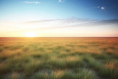 Dramatic sunset over a field of grass.の素材