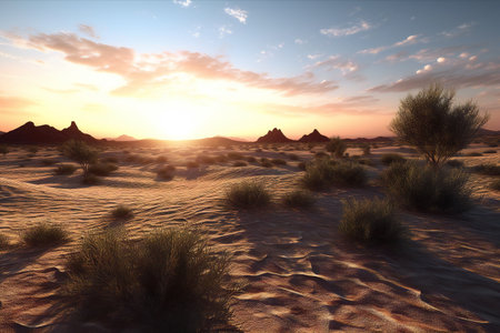 desert landscape with sand dunes and trees at sunsetの素材