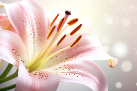 Close up of pink lily flower on white background with bokehの素材