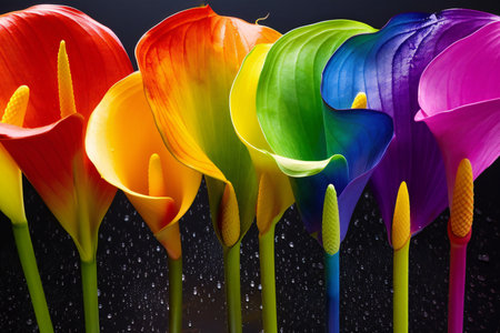 colorful calla lily flowers with raindrops on black backgroundの素材