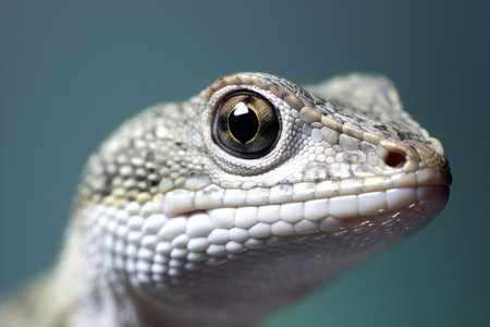 Close-up of a lizard's eye on a gray background.の素材