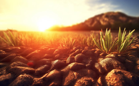 Grass on the ground in the desert at sunset.の素材