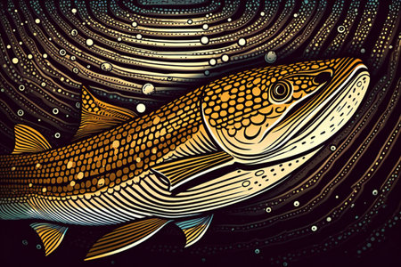 illustration of a trout in the form of a fish on a dark background.の素材
