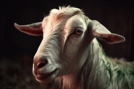 Portrait of a white goat on a dark background. Close-up.の素材