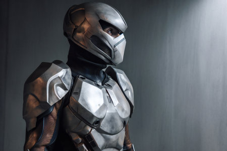 close-up portrait of futuristic knight in helmet and armor looking awayの素材