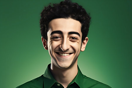 Portrait of a happy young man in green shirt on green backgroundの素材