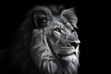 Portrait of a lion on a black background in the dark.の素材
