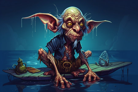 Fantasy illustration of an old man on a boat in the sea.の素材