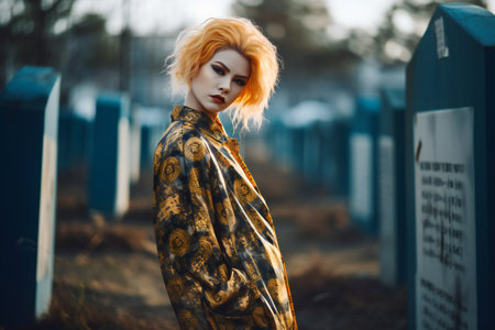 beautiful gothic girl with red hair in a yellow coatの素材