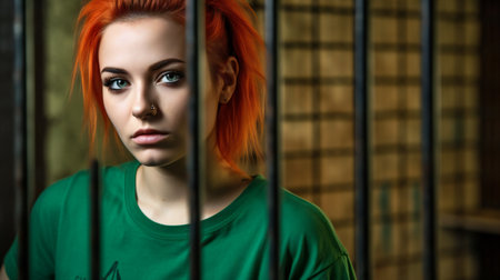 Beautiful young woman with red hair. Portrait of a girl in a prison cell.の素材