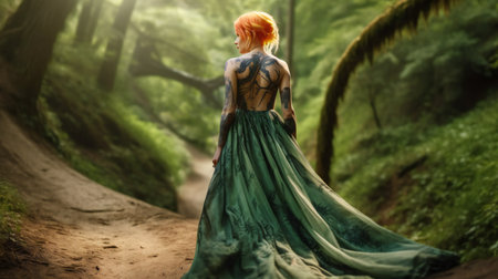 Beautiful girl in a green dress walking in the forest. The concept of freedom and happinessの素材