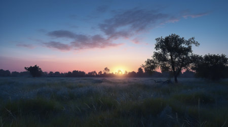 Sunrise in the meadow with a tree in the foreground.の素材