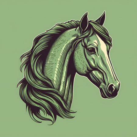 Horse head illustration. Head of a horse on green backgroundの素材