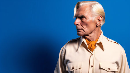 Portrait of an old man in a trench coat on a blue backgroundの素材