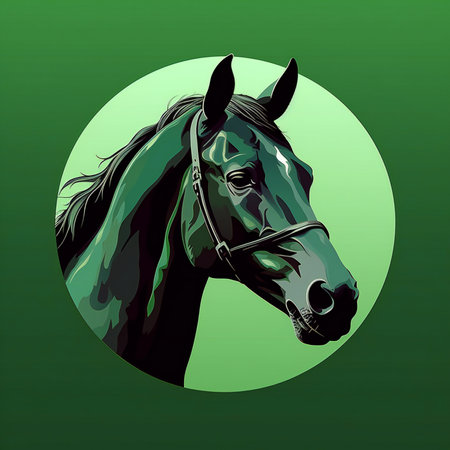 Horse head on green background with white circle.の素材