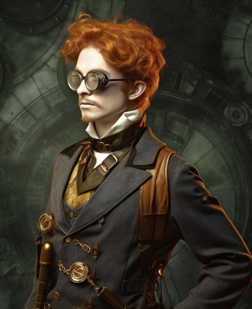Portrait of a red-haired steampunk woman on dark backgroundの素材