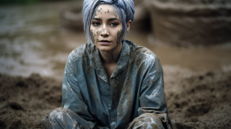 Portrait of a beautiful girl with blue hair in a dirty desertの素材