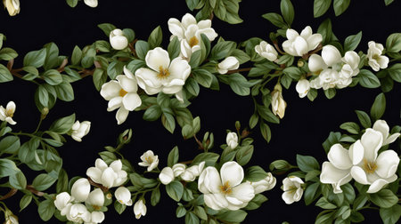 Seamless pattern with white flowers of magnolia on black backgroundの素材
