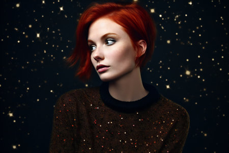Beautiful young woman with red hair and glowing stars in the backgroundの素材