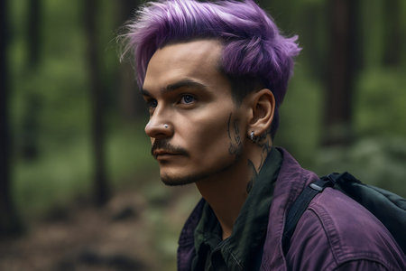 young handsome hipster man with purple hair in the forest, lifestyle people conceptの素材