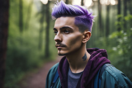 Handsome young man with purple hair in the forest. Portrait of a handsome young man with colorful hair.の素材