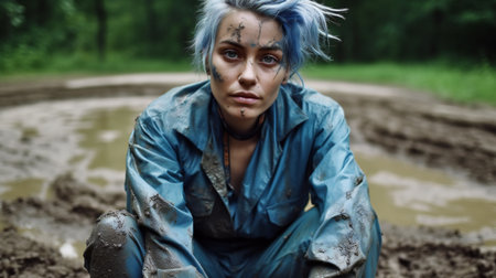 Beautiful girl with blue hair in a raincoat on a dirt roadの素材