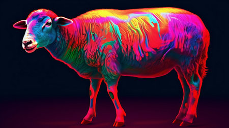 a sheep in neon light isolated on black backgroundの素材