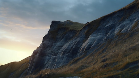 Sunset over a rock formation in the Yorkshire Dales National Parkの素材