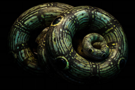 Close-up of a snake on a black background. Studio shot.の素材