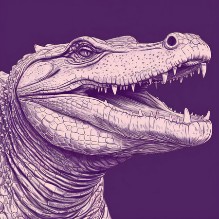 illustration of a crocodile head on a purple background. Vintage style.の素材